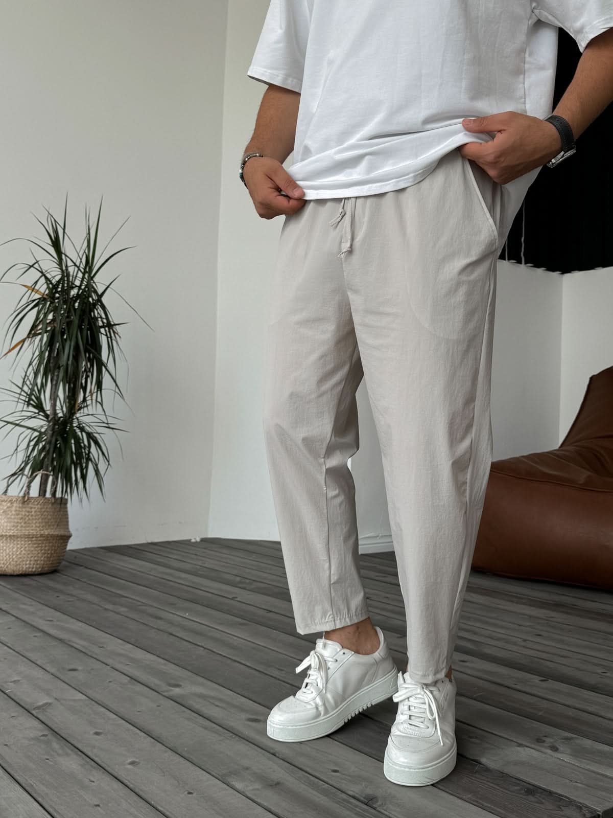 Beige Parachute Fabric Pants