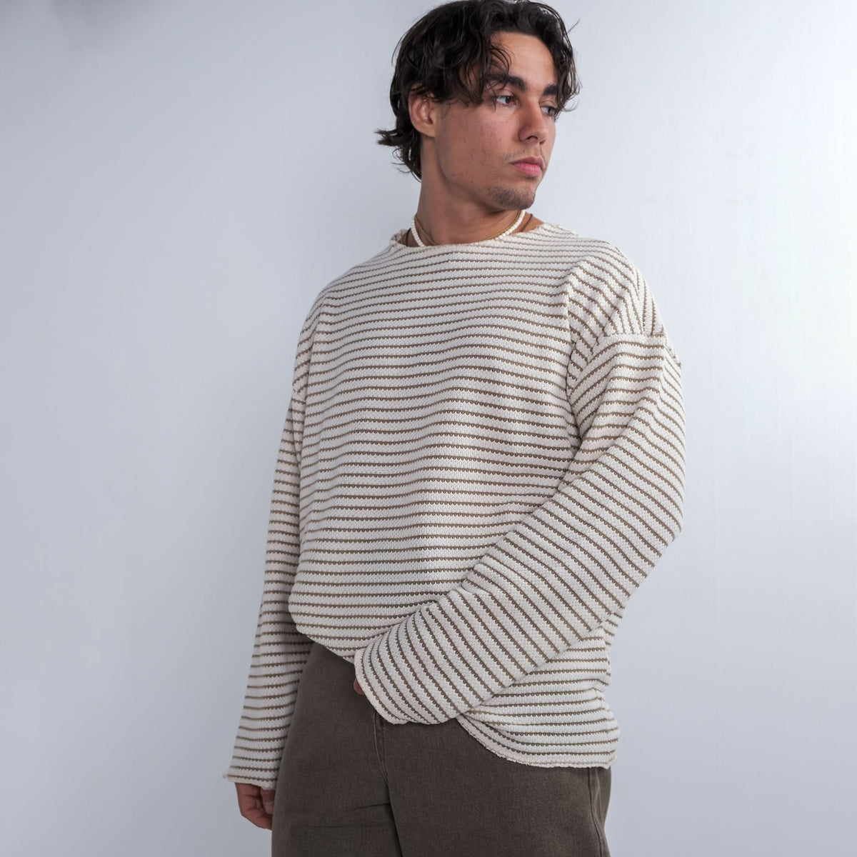 White Striped Sweater In Khaki