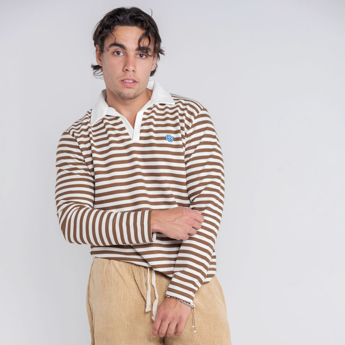 Brown Striped Long Sleeve Polo Shirt