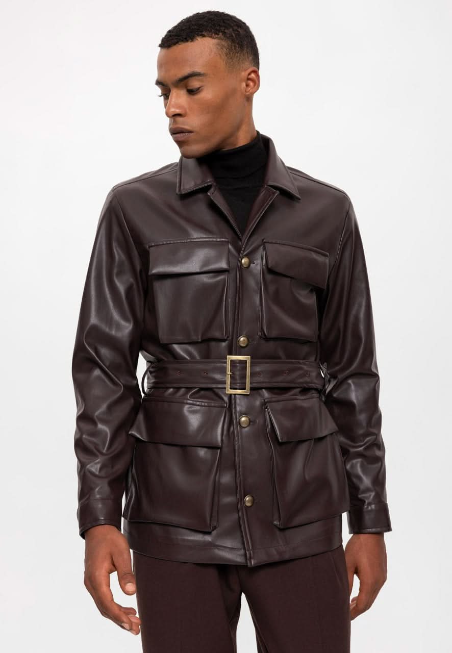 Belted Faux Leather Coat