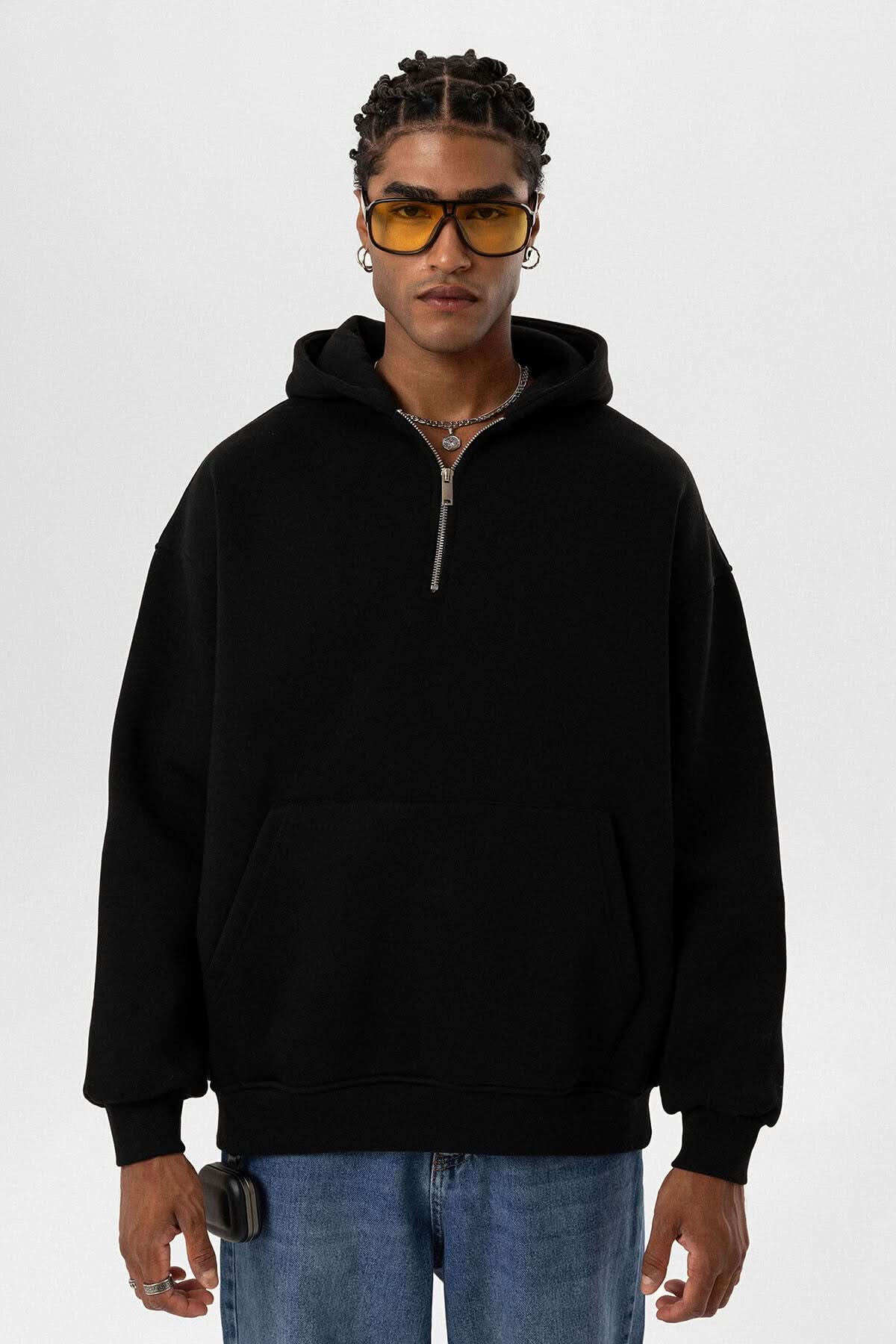 Black Hooded Oversize Zipper Sweatshirt
