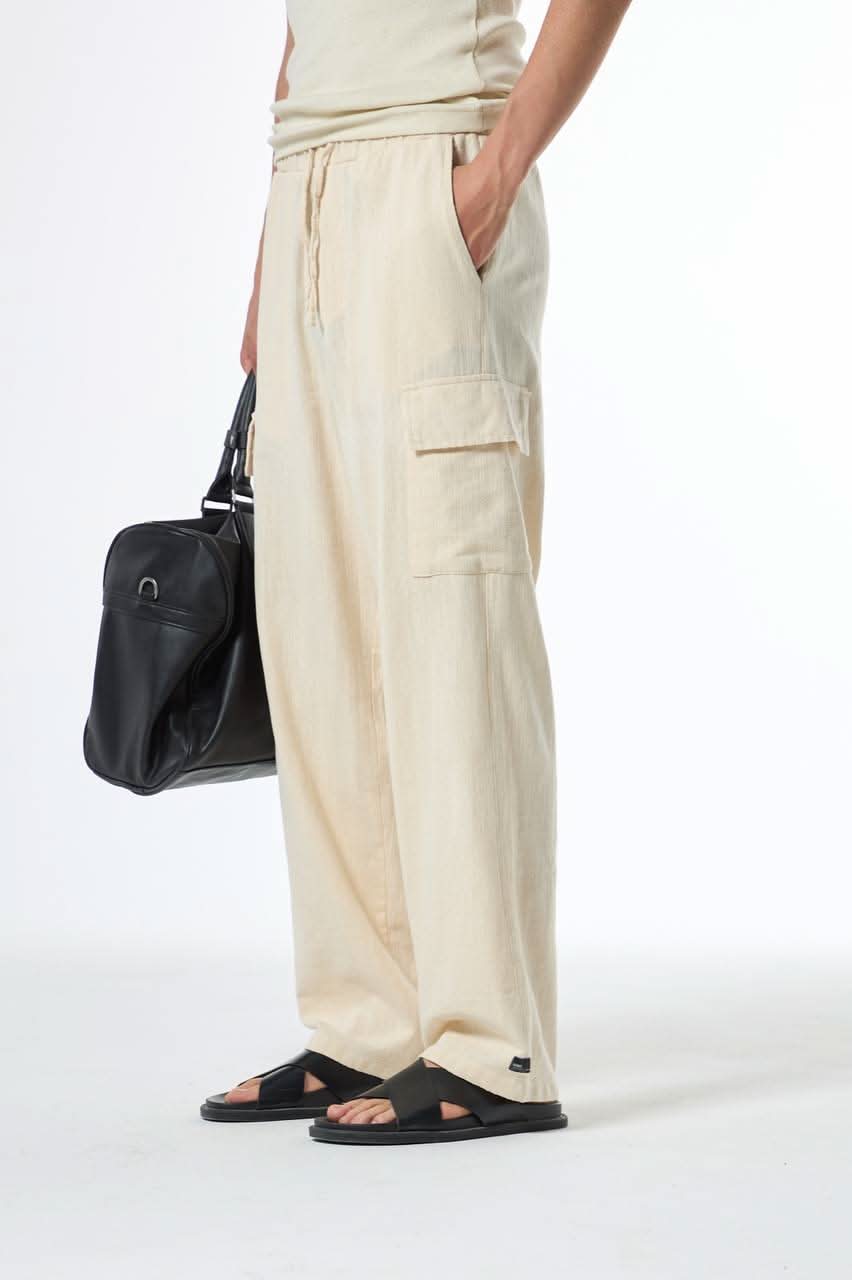 Beige Cargo Baggy Linen Pants