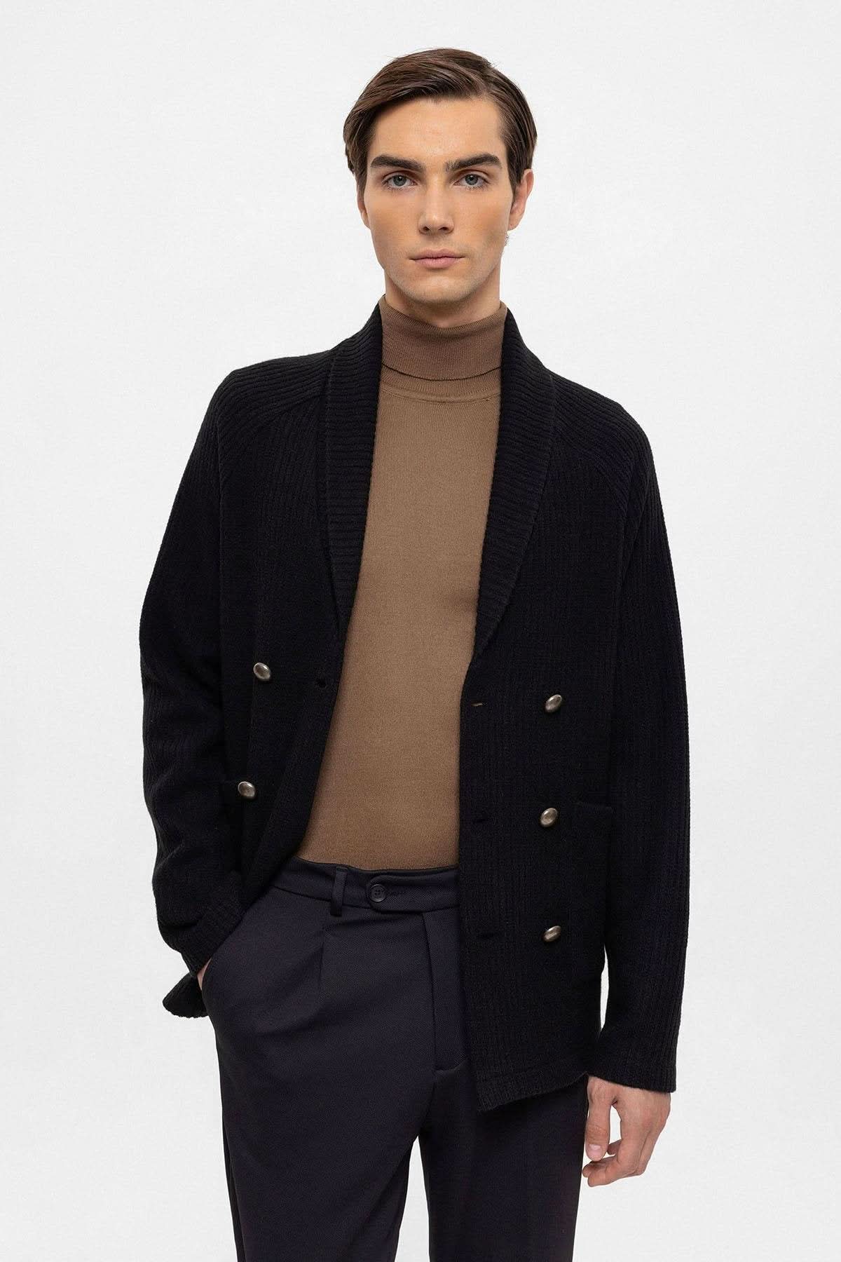 Shawl Collar Double Breasted Cardigan in Black